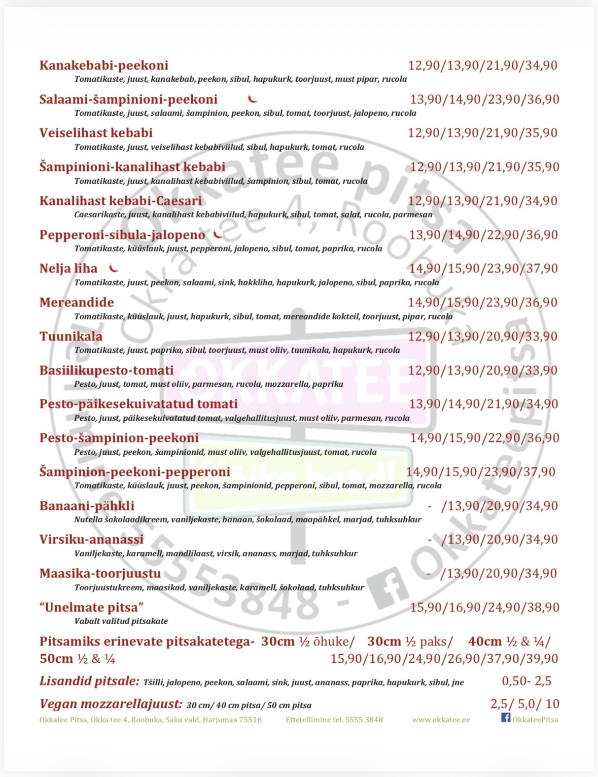 Okkatee Pitsa menüü